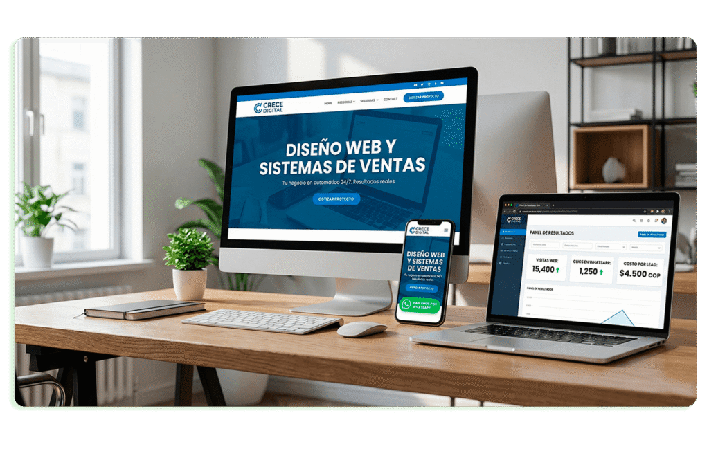 Monitor de escritorio mostrando diseño web profesional, laptop con gráficas de ventas ascendentes y celular con botón de WhatsApp Marketing. Representación de un sistema de ventas digital completo en Colombia.